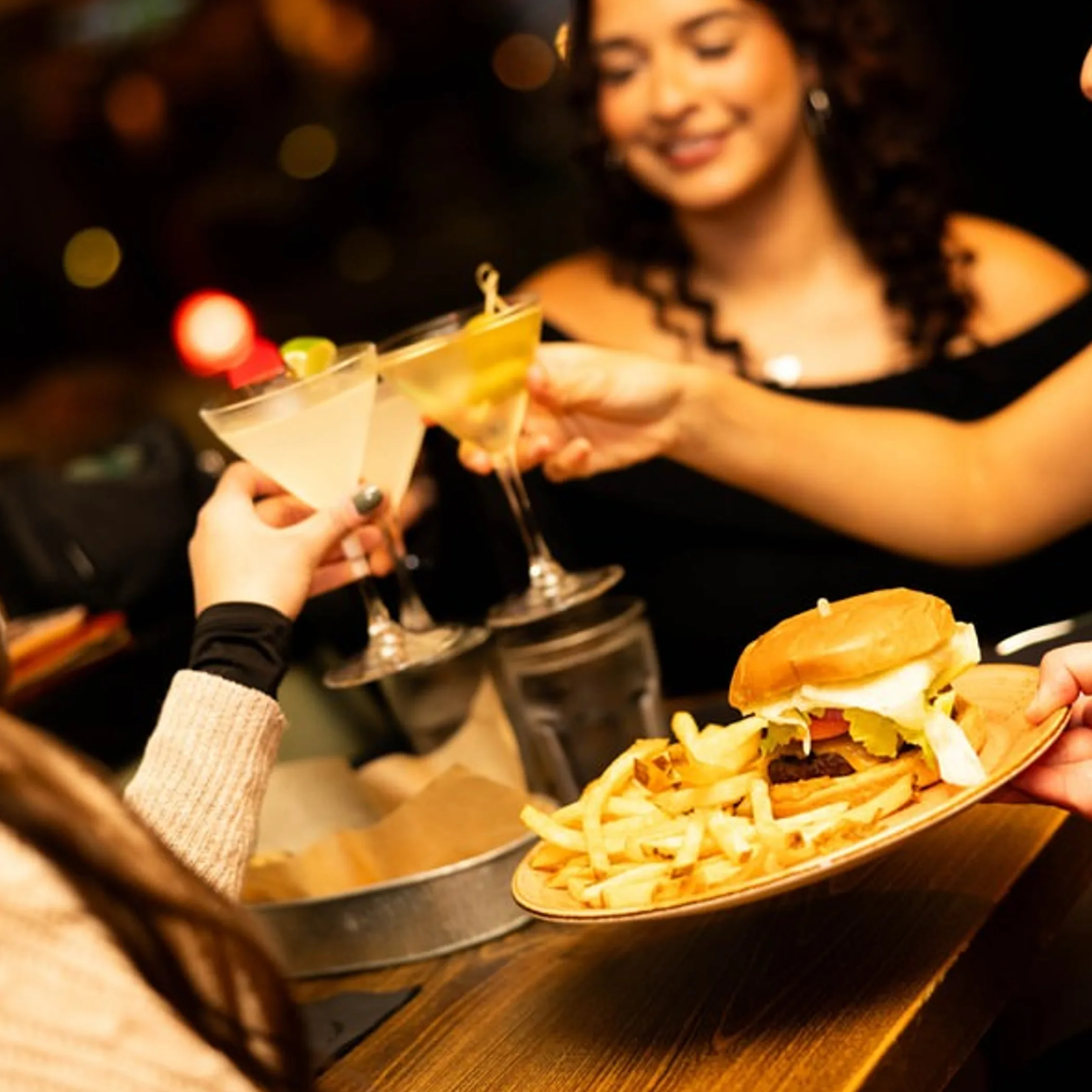 cocktails and food at night